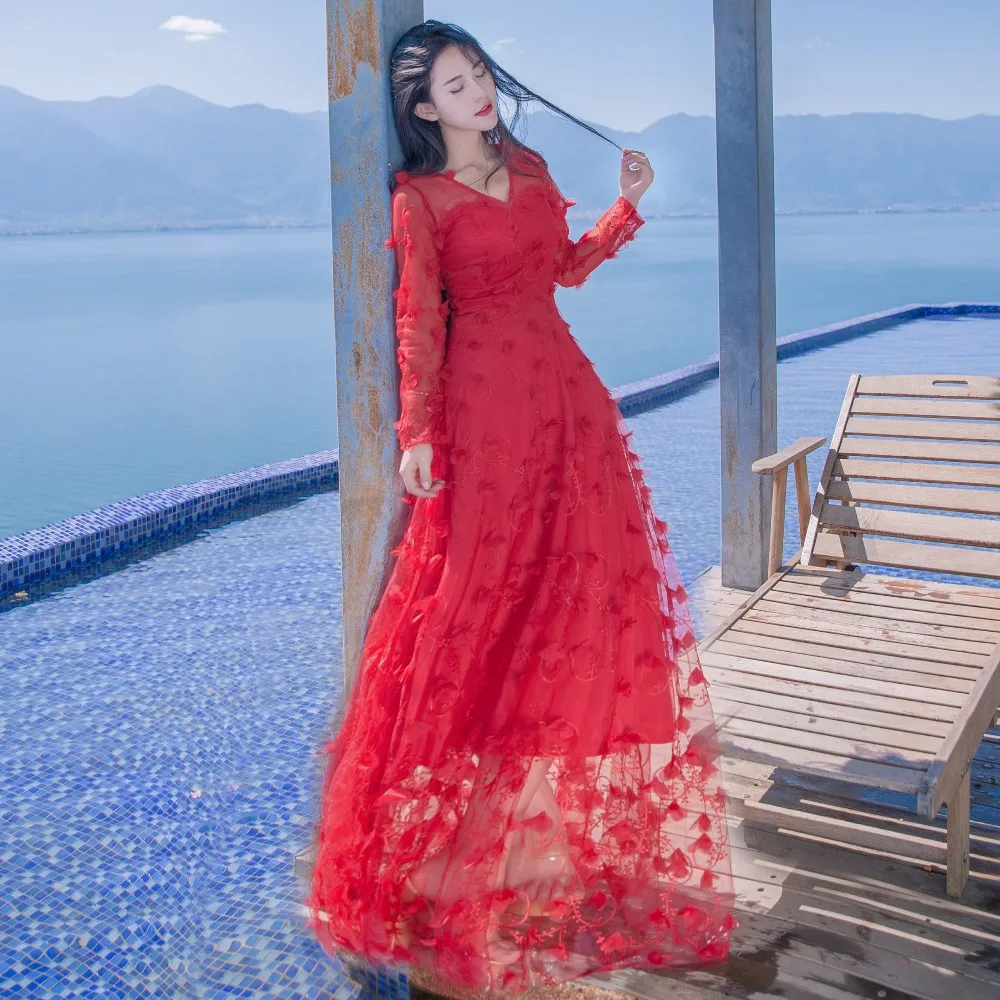Женское длинное платье летнее красное с цветочной аппликацией|beach party dress|maxi long