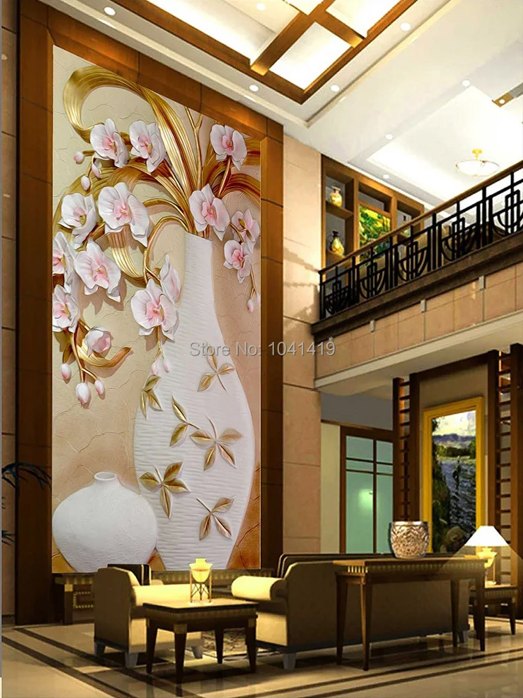 Индивидуальный размер 3D стереоскопический рельеф цветы ваза гостиная вход фон Настенная роспись конструкции 3D Звукоизолированные настенные бумаги