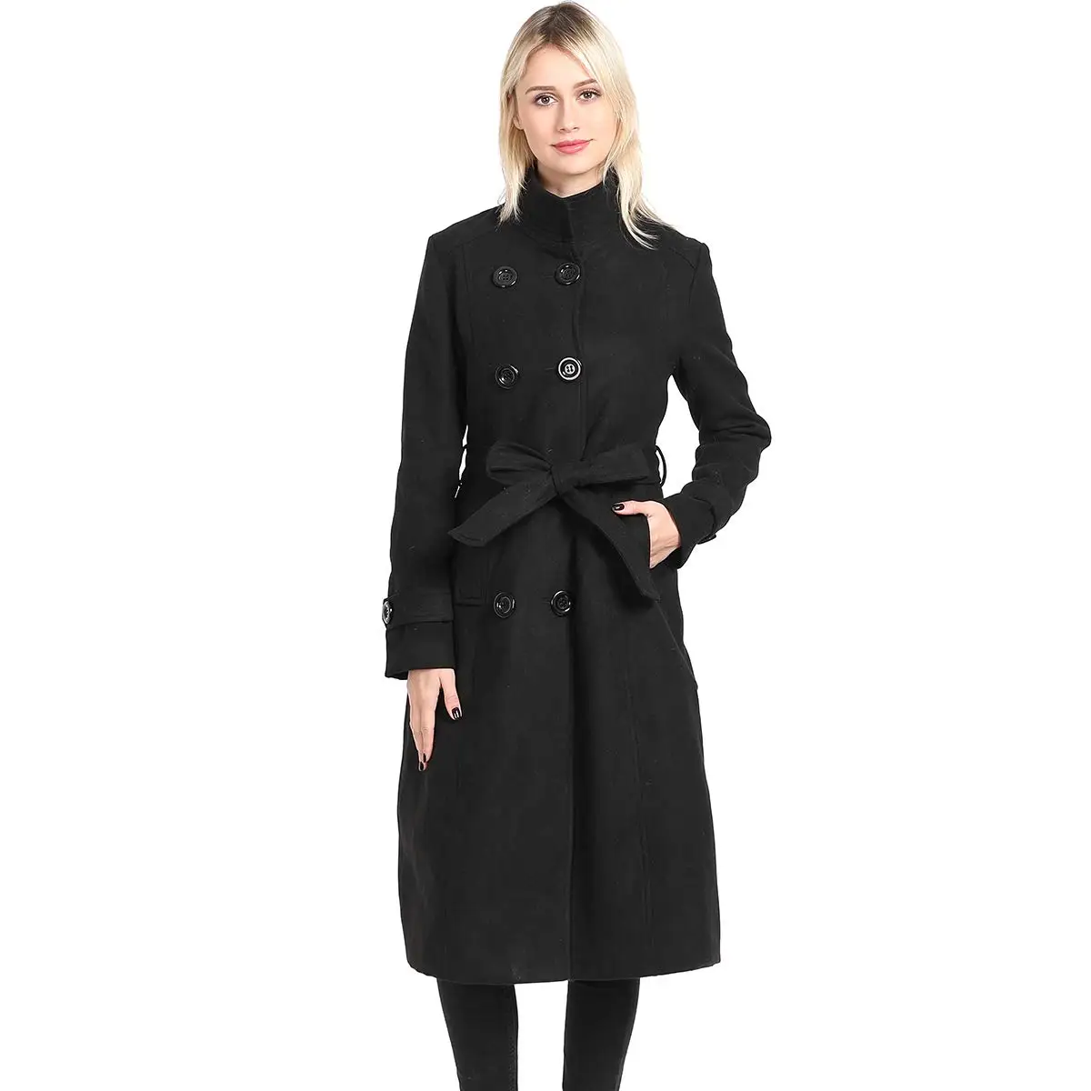 

New Design Vogue Winter Women Coat Black Wool Coat With Big Fur Collar Warm Outerwear Overcoat With Belt
