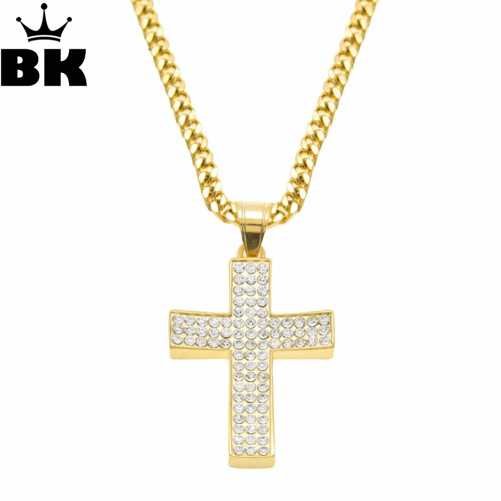 Gold Color Cross Pendant Necklace Hip Hop Rapper Iced Out Rhinestone