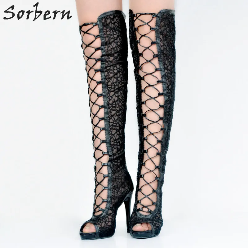 Black Lace Fashion Womens Boots Plus Size Chaussure Femme Lace Up High Thin Heels Peep Toe Ladies Party Boots Botas Mujer black lace up