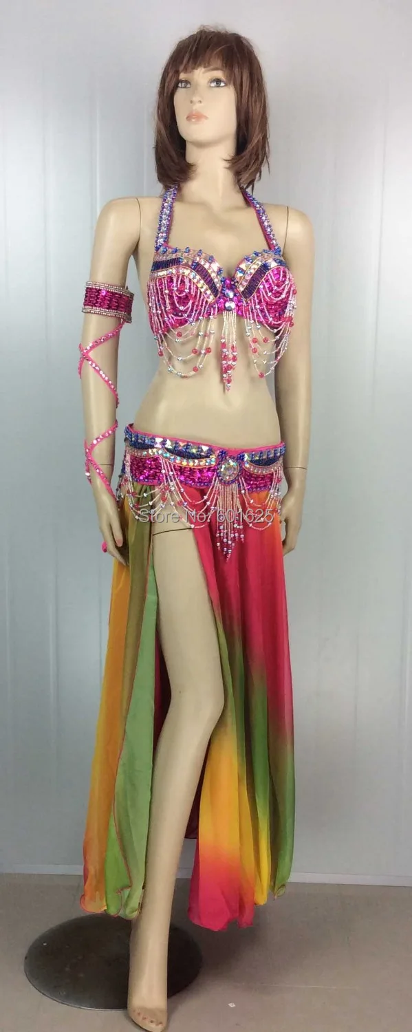 Fashion belly dance Dancing suite bra+belt+skirt+ARM 4 piece set