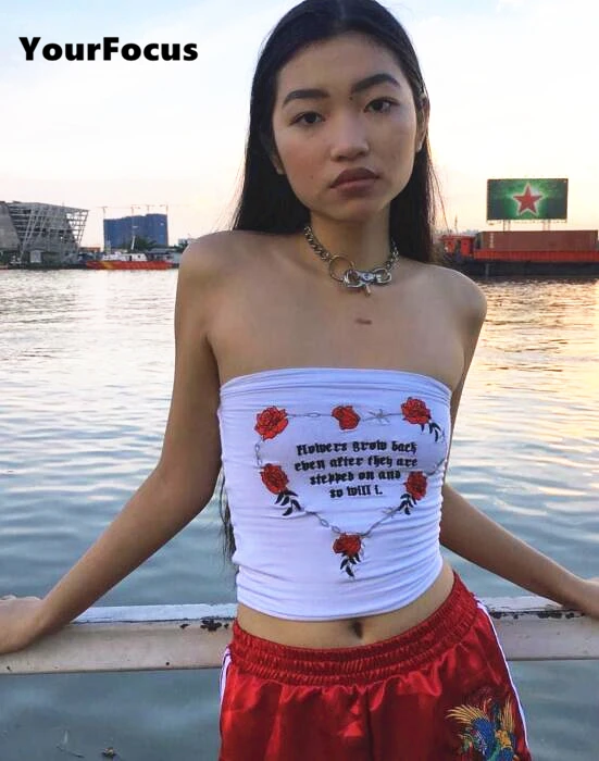 Летний Харадзюку хип-хоп ретро сексуальный стиль буквы и красная роза короткий топ плотно обрезанный женский топ