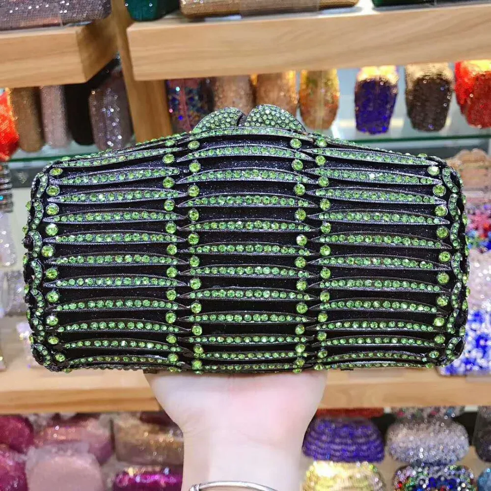 

Metal Women green Crystal diamond Evening Bag Clutches Minaudiere Handbag Bridal Wedding Party Clutch Purse Hardcase gift box