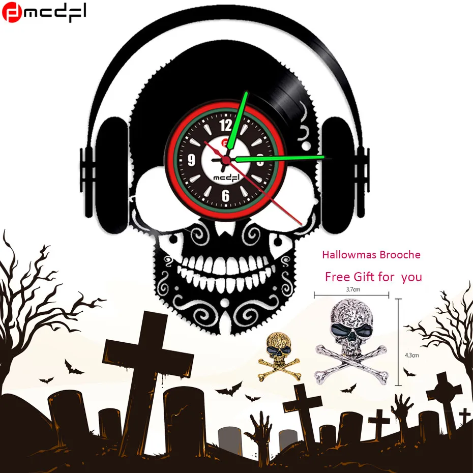 

Halloween Decorative Clock Skull Wall Sticker LED Lighting Vinyl Mute Wall Clock Luminova Reloj Pared with Free Brooch Gift