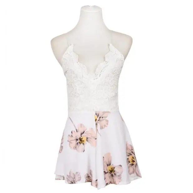 شحن النعامة الأزياء ارتداءها النساء الدانتيل الطباعة V الرقبة الشريط أكمام بذلة السروال القصير Playsuit ارتداءها النساء D0635