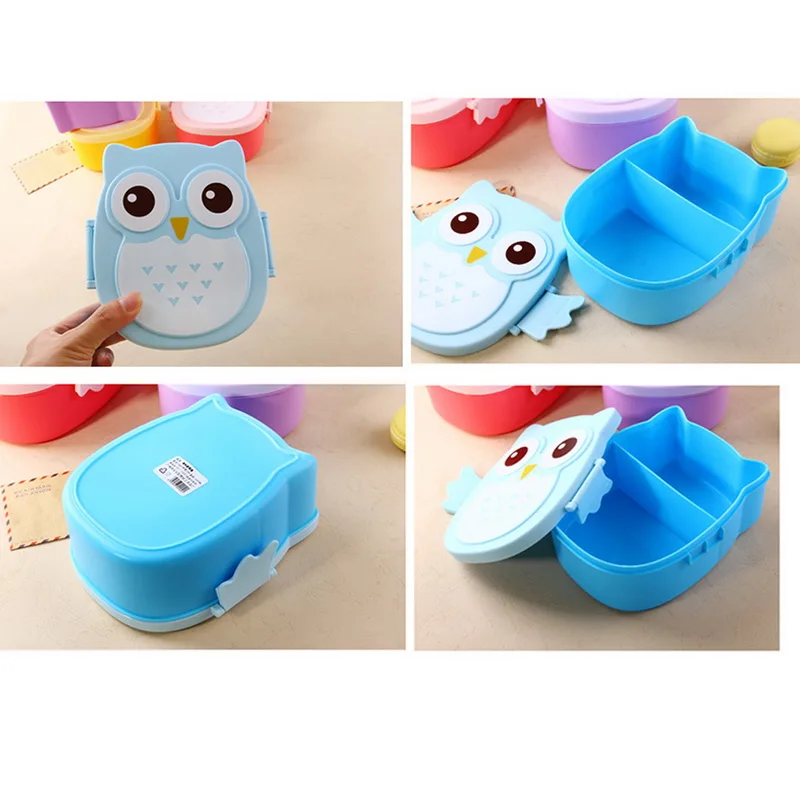 1Pcs Portble Plastic Kids Cute Owl Food Container Lunch Box PP Food Storage Box Portable Purple Pink and Blue 15.5x14x6.6cm