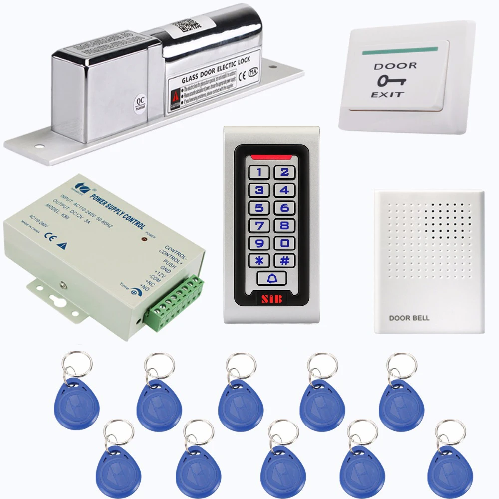 Image Keypad RFID 125Khz EM Card Access Control System Kit Electric Door Lock+Power Supply Control+Doorbell+10 pcs RFID Cards F1215D