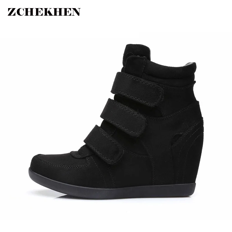 Acheter Printemps Femmes Bottes faux suede En Cuir Coins Plate Forme Bottes Caché Talon Chaussures High Top Sneaker Casual Chaussures Pour Femme