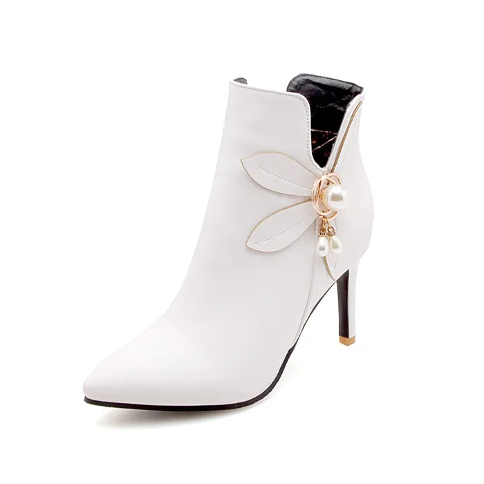 Meotina/женские сапоги; зимняя обувь на высоком каблуке с украшением в виде цветов; Ботильоны со стразами на молнии цвет: желтый, белый свадебные туфли размера плюс, 45, 46 - Цвет: Белый