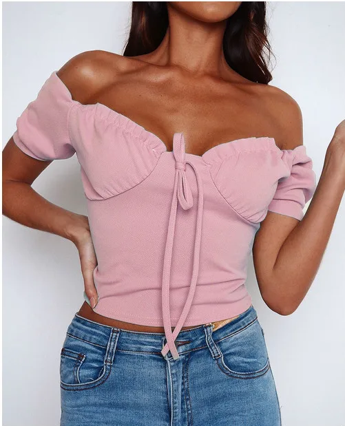 Newest Women lady solid crop tops Hot summer off shoulder bandage short sleeve shirt Strapless Casual Tank Top Club Camis