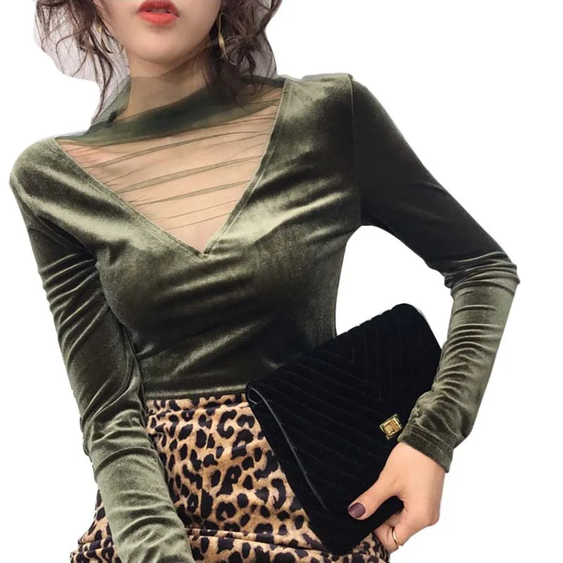 Модная Женская весенне-осенняя футболка с длинным рукавом, Женская Корейская сетчатая бархатная футболка, повседневные однотонные Топы для женщин - Цвет: G