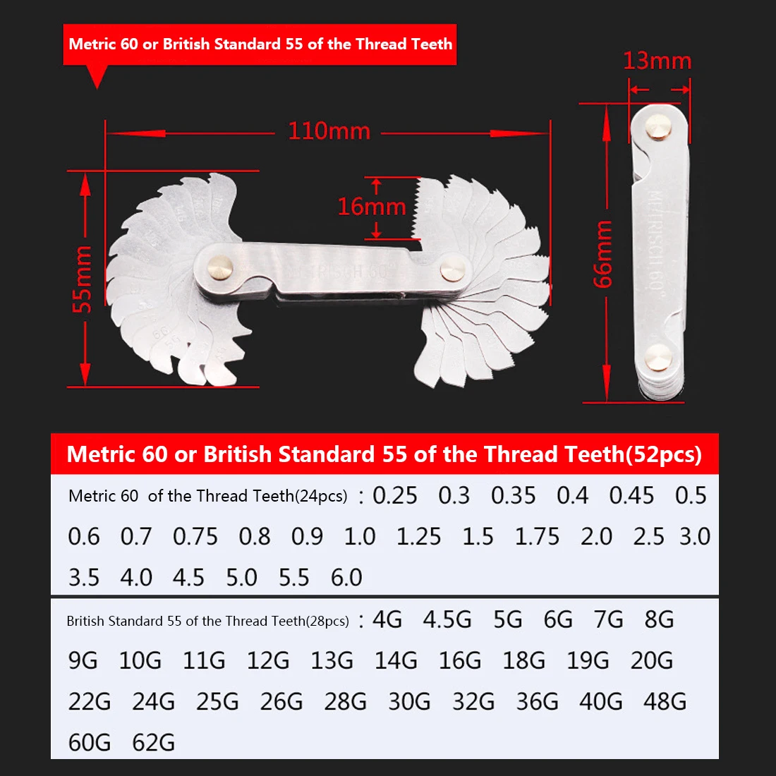 52 шт. лезвие винт Резьба зуб шаг резки стали Калибр измерительный инструмент 55 градусов дюймов 60 градусов метрический датчик