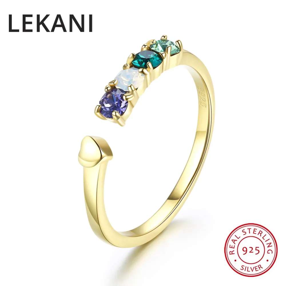 

2018 LEKANI Colorful Beads Crystals From Swarovski Open Rings Resizable Gold Color Real S925 Silver Jewelry For Women Wedding