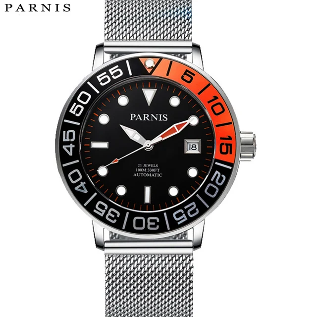 $US $142.16  New Arrival 2017 Mens Watches Parnis Automatic Watch Miyota Movement Luminous Steel Mesh Band 100m 
