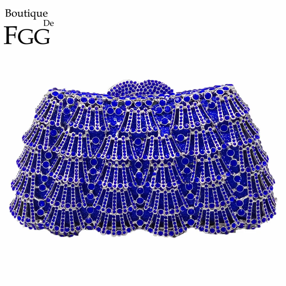 

Elegant Women's Fashion Handbags Evening Wedding Cocktail Blue Crystal Clutch Bags Bridal Hollow Out Box Metal Clutches Purse