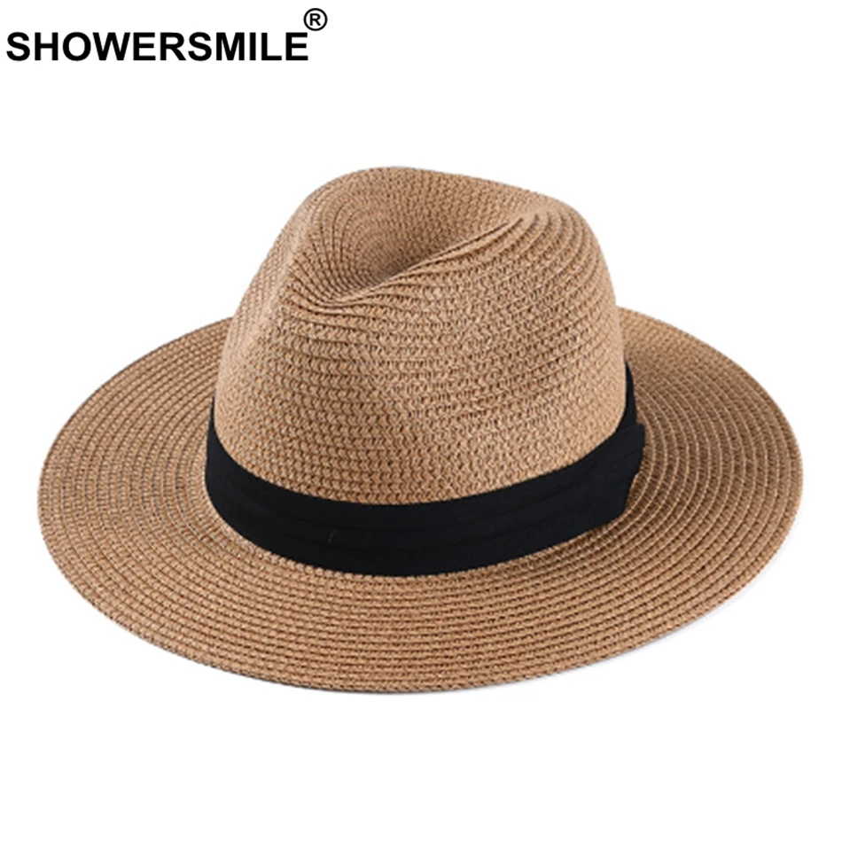 

SHOWERSMILE Sun Hats For Men Paper Straw Panama Hat Women Classic Camel Jazz Cap Boater Brand Summer Vacation Beach Fedora Hats