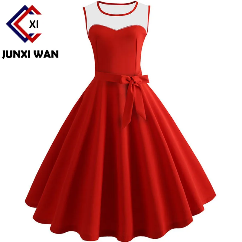Сетчатое лоскутное красное женское летнее платье, сексуальные вечерние платья миди, Ретро стиль, рокабилли, женская одежда, Элегантная туника с поясом