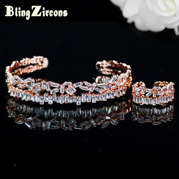 

BeaQueen New Rose Gold Color Adjustable Size Baguette Cubic Zirconia Crystal Ring Bangle Cuff Jewelry Sets for Women JS147