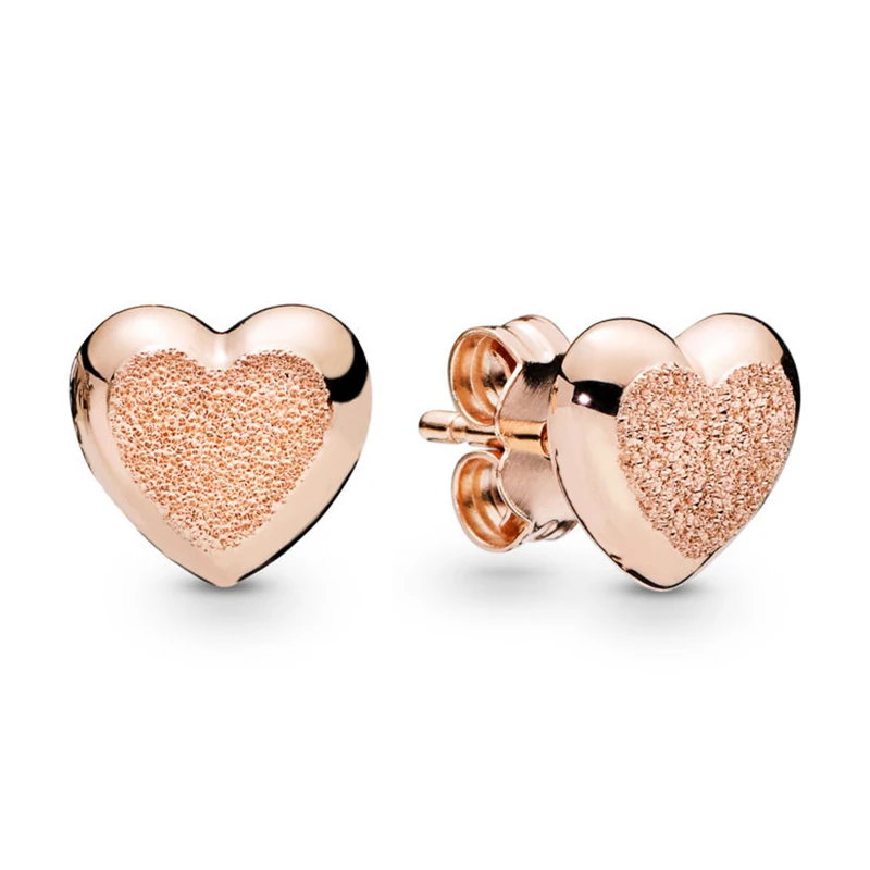 

2019 NEW 100% 925 Sterling Silver Matte Brilliance Hearts Earrings Rose Gold Clear CZ Ear Studs Fit DIY GIFT Wholesale