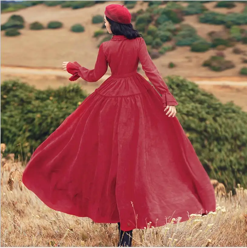 2018 Otoño y invierno nuevo vestido rojo retro PANA delgada literaria big swing largo femenino viaje holiday casual vestido - 5