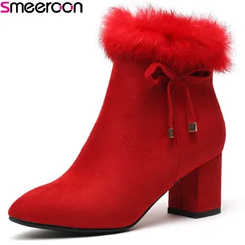 

Smeeroon 2020 new women boots high heels flock ankle boots for women pointed toe autumn winter boots zip prom shoes red