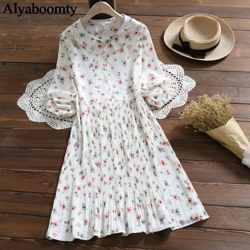 

Japanese Preppy Style Spring Summer Women Cute Dress Peter Pan Collar Floral Print Pleated Dress Elegant Chiffon Mori Girl Dress