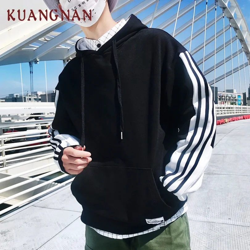 KUANGNAN/Повседневная полосатая Мужская Толстовка Harajuku с капюшоном мужская Японская
