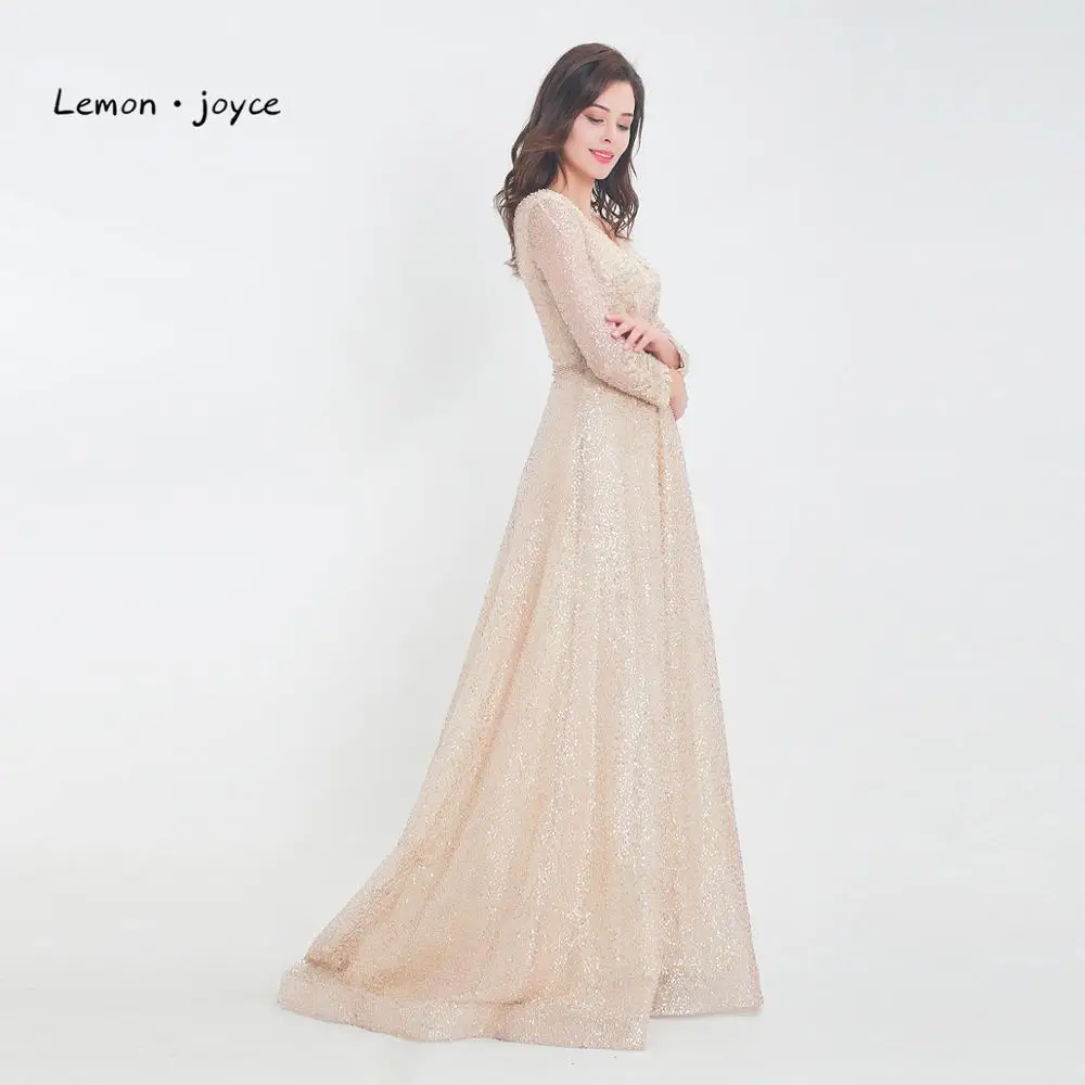 Lemon joyce Champagne Evening Dresses Long Sleeves for Women Sexy V-neck Backless A-line Prom Gowns robe de soiree