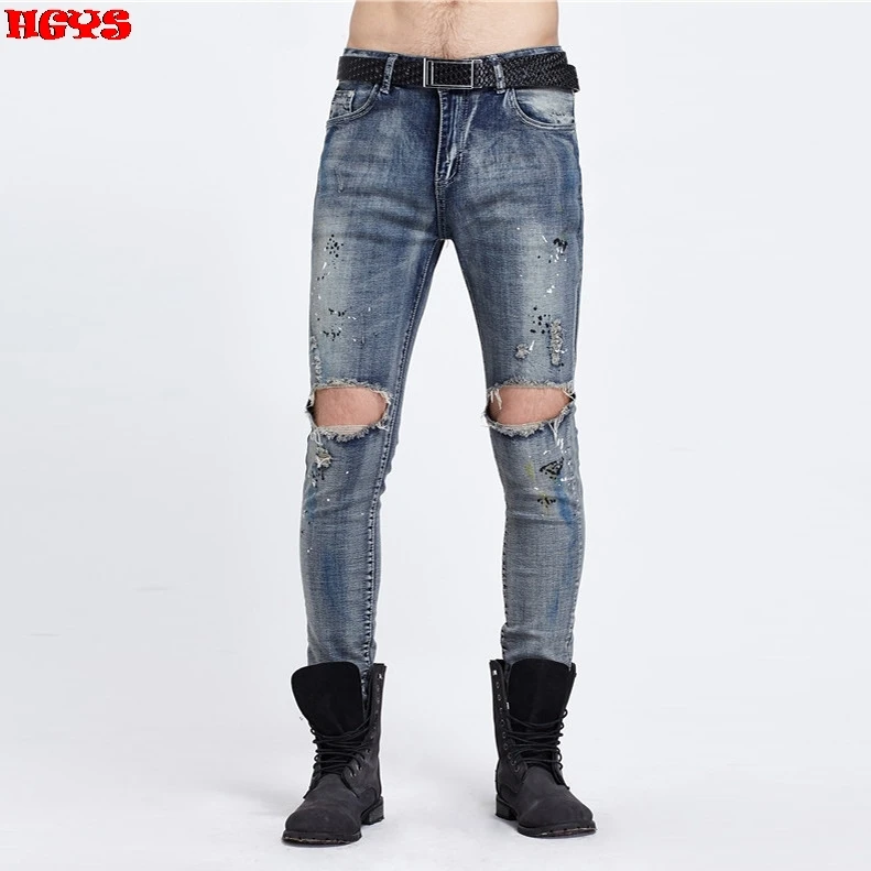 

2017 biker JEANS pour hole body elastic foot locomotive scratch JEANS are worn out