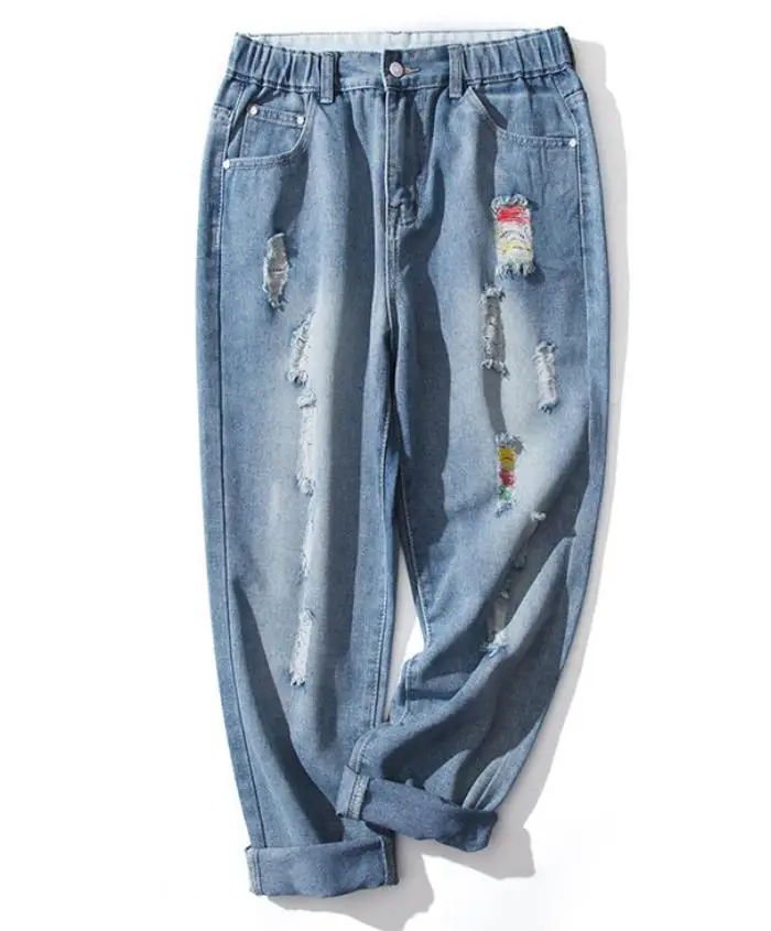Может поместиться 90 кг для девочек большие размеры джинсы женский модный бренд поцарапанные ручной работы отверстие 100% хлопок был тонкий