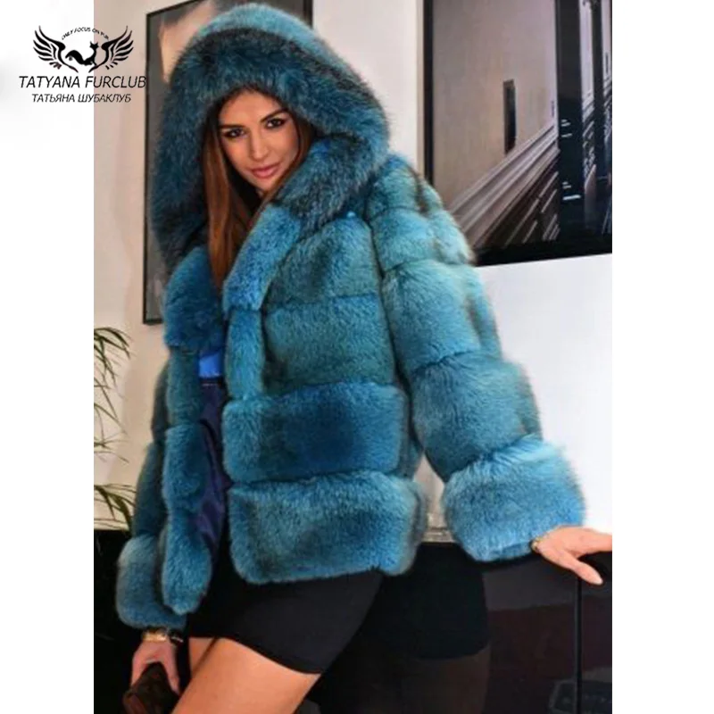 Куртка с натуральным лисьим мехом, полностью из кожи, с меховым капюшоном, высокое качество, толстая, теплая, Befree, на заказ, зимняя женская парка с натуральным мехом - Цвет: Blue