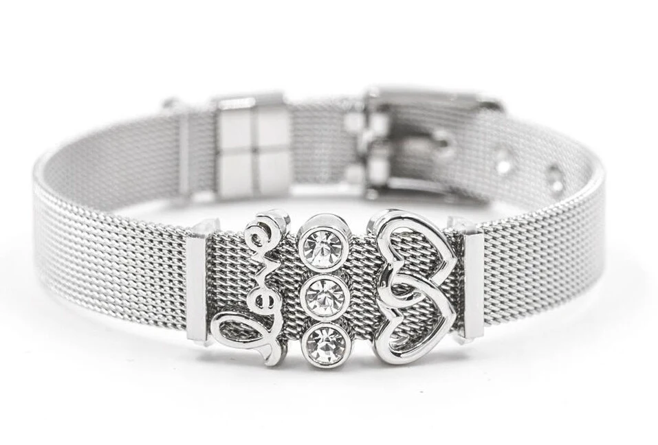 

Vinnie Design Jewelry Women Stainless Steel Mesh Keeper Bracelet with Love Heart Slide Charms Bracelets for Mothers Day Gifts