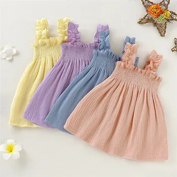 

Kids Baby Girls Summer Sundress Solid Kids Girl Cotton Linen Plain Slip Dress Child Baby Girl A-Line Tutu Sling Dress 1-5Y
