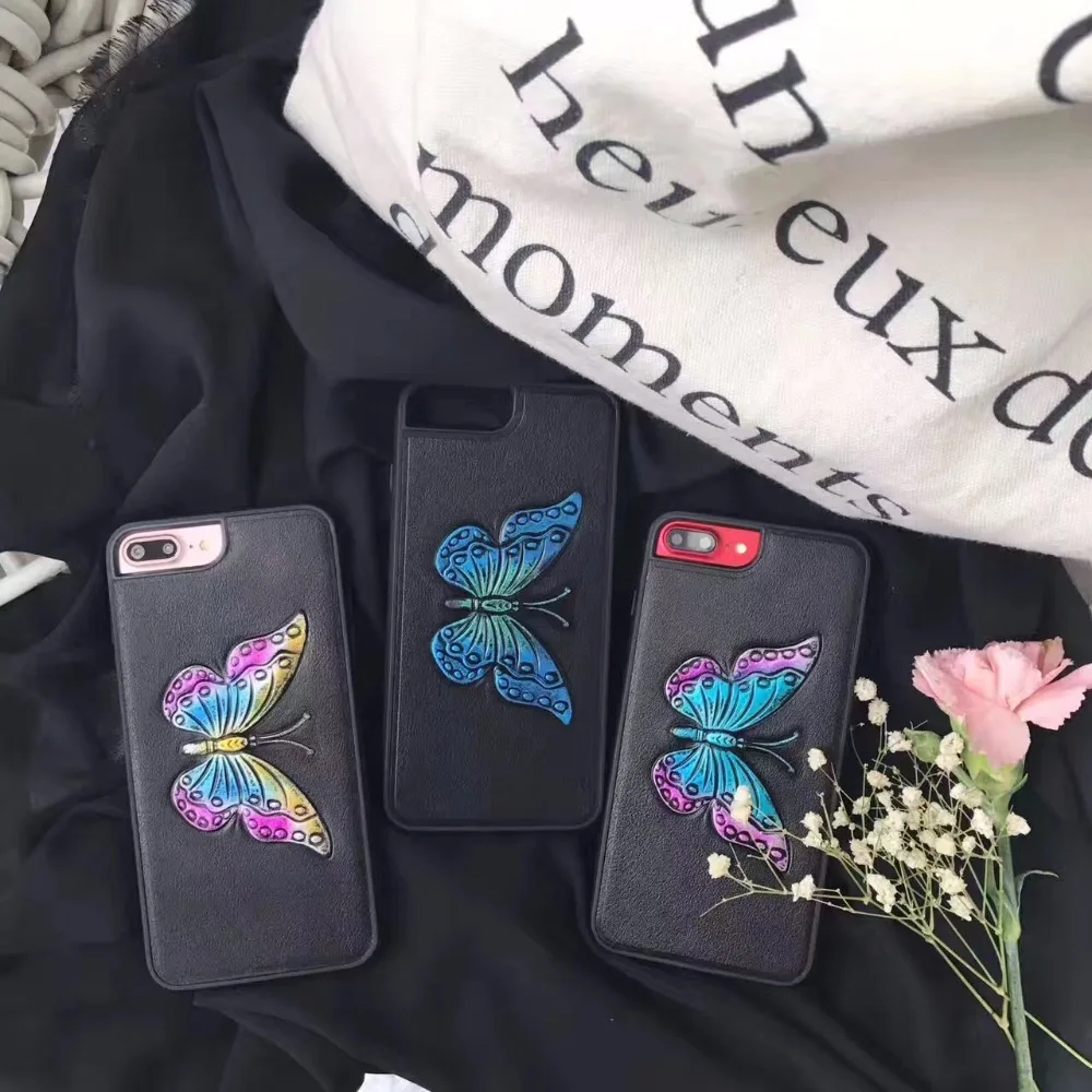 Goede Hoge kwaliteit Echte Lederen 3D Relief Vlinder blut roze rode Mobiele Telefoon tassen en gevallen voor iphone 7 7 plus 6 6 s plus vrouwen femal