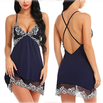 

Sexy Open Back V-neck Lace Nightdress Sexy Lingerie Sling Nightwear Women Floral Lace Satin Sleepwear Dress