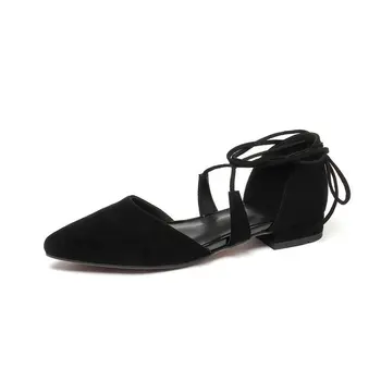 

B2-7 Size 33-41 Girls Flock Black Color Sandals Female Ankle Strap Lace-up Sandal Woman Thick Heels Shoes Woman Career Shoe