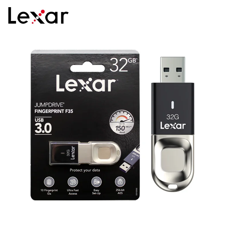 100% Оригинальный USB флеш накопитель Lexar F35 с распознаванием отпечатков пальцев 32 ГБ