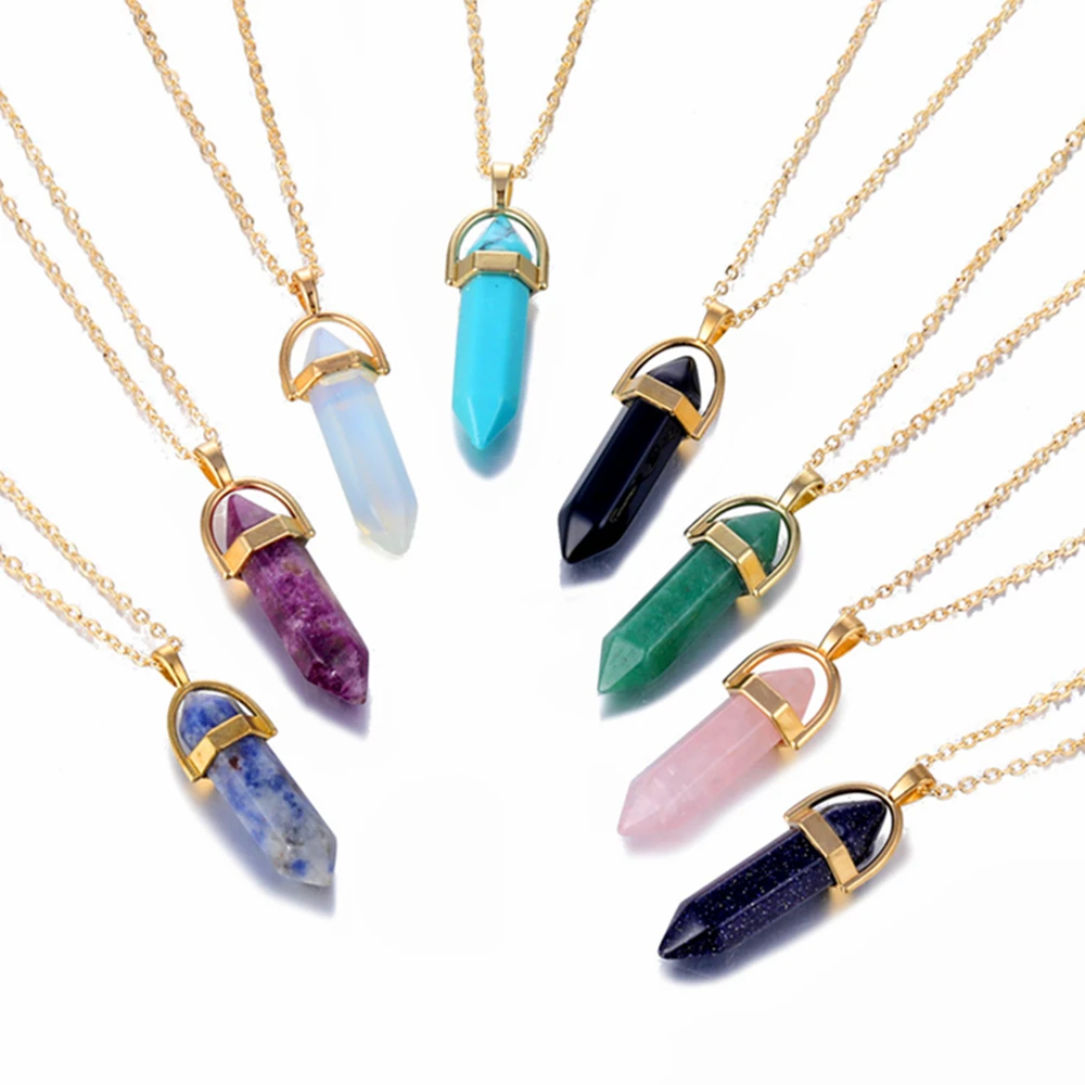 Fashion Opal Stone Hexagonal Column Quartz Necklaces Natural Pink Crystal Pendant Necklace Statement Bohemian Jewelry for Women | Украшения