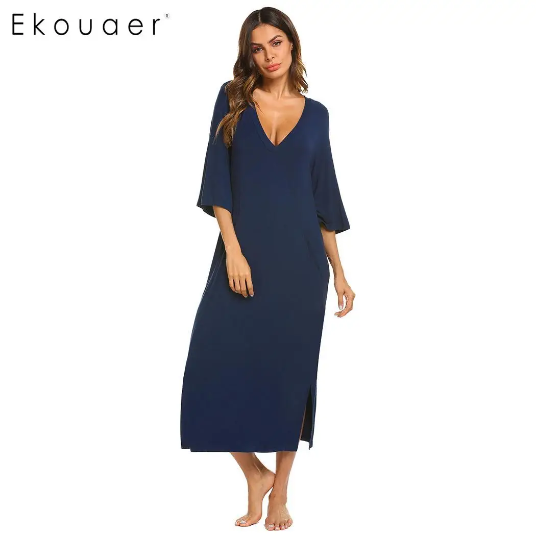Ekouaer женское длинное платье для сна, ночная рубашка с v-образным вырезом и рукавом 3/4, одноцветная ночная рубашка с карманом, женские свободные ночные рубашки, ночная рубашка размера плюс - Цвет: navy blue