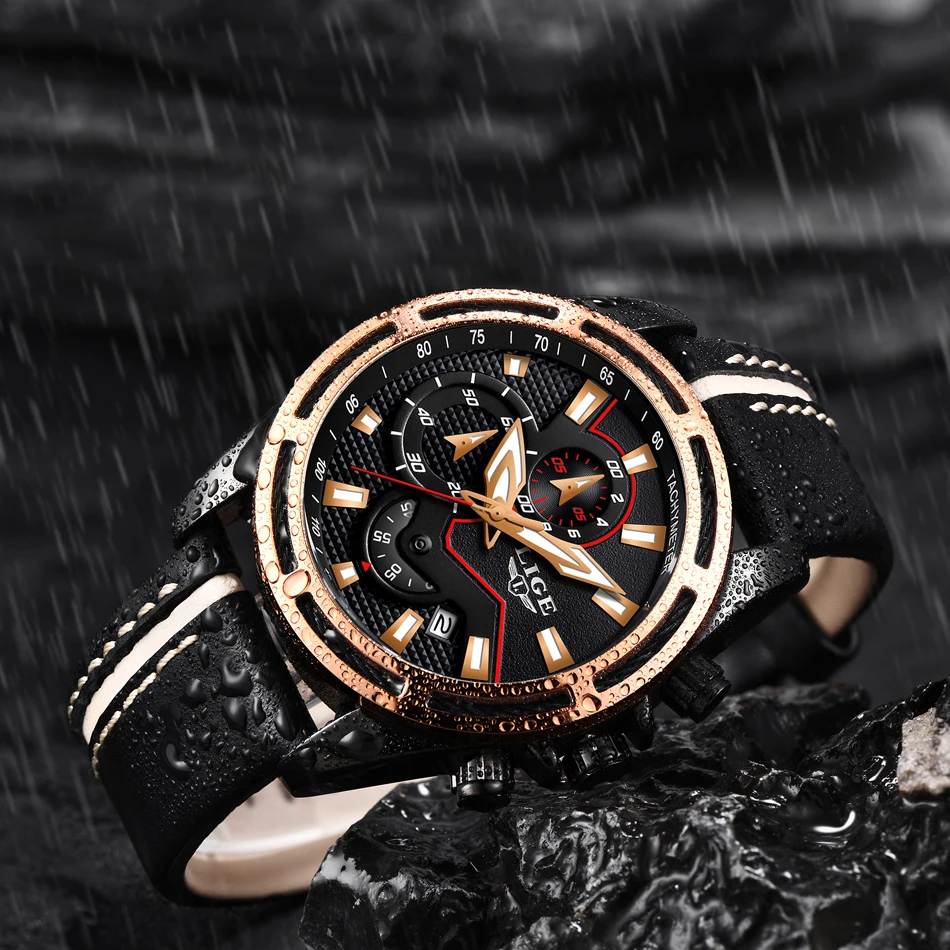Мужские часы от ведущего бренда LIGE, мужские водонепроницаемые военные спортивные часы, мужские повседневные кожаные кварцевые золотые часы