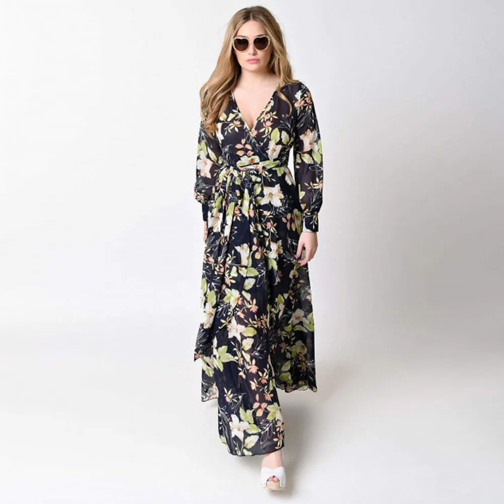 

Women Long Dress Floral Print Summer Maxi Chiffon Beach Dress Elegant Party Dress Long Sleeve Office Shirt Dress Vestido Verano