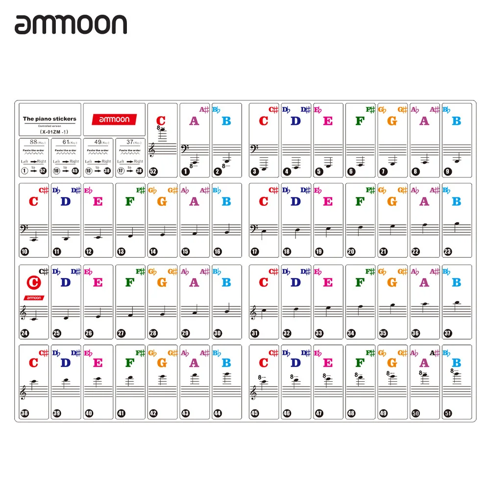 

ammoon Piano Keyboard Stickers for 37/ 49/ 61/ 88 Key Keyboards Removable Colorful for Kids Beginners Piano Practice Learning