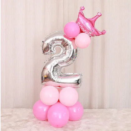 32/40 дюймов серебро числом 0-9 Фольга шар стенд с розовым с синей короной для маленьких мальчиков платье для девочек на день рождения шар Baby Shower детский праздничный костюм Декор - Цвет: Pink-2