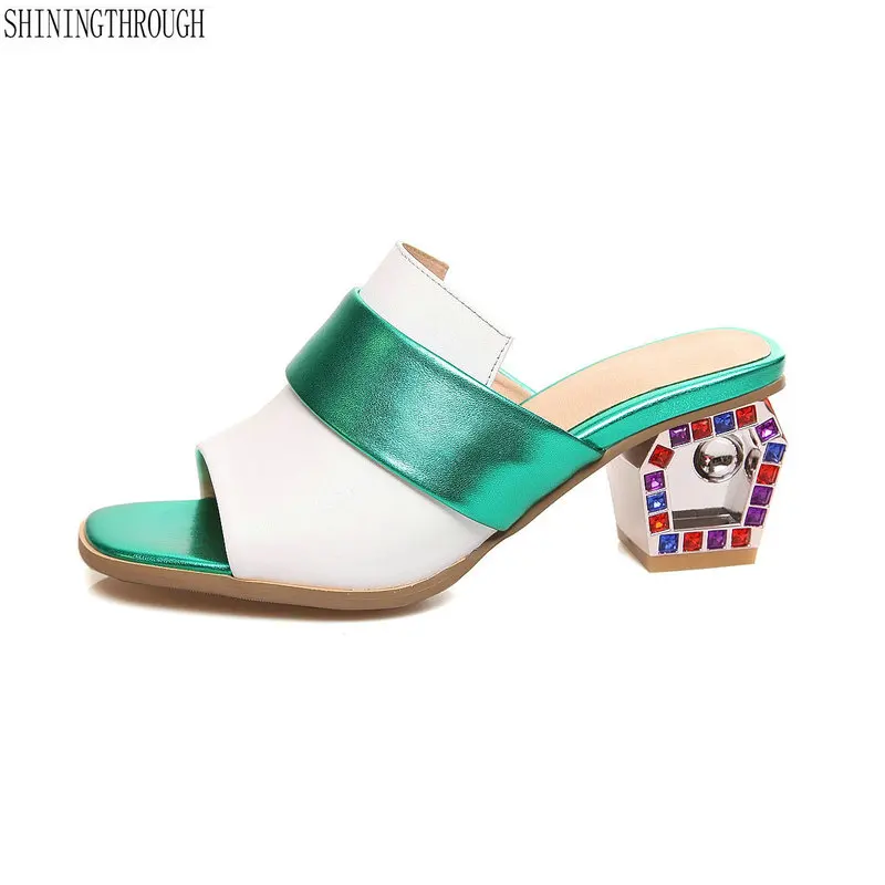 

Women Genuine Leather strange style high heels Slippers white green crystal women shoes size 33-39