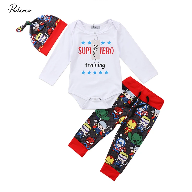 

pudcoco kids Baby Boy Girl cotton Super hero printed Bodysuit + Pants Leggings bebe girls Outfits Clothes set