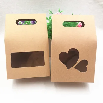

12Pcs 10x6x16cm Kraft Paper Standing Cardboard Box Heart PVC Hollow Chocolate Candy Case Wedding Party Handle Paper Gift Box