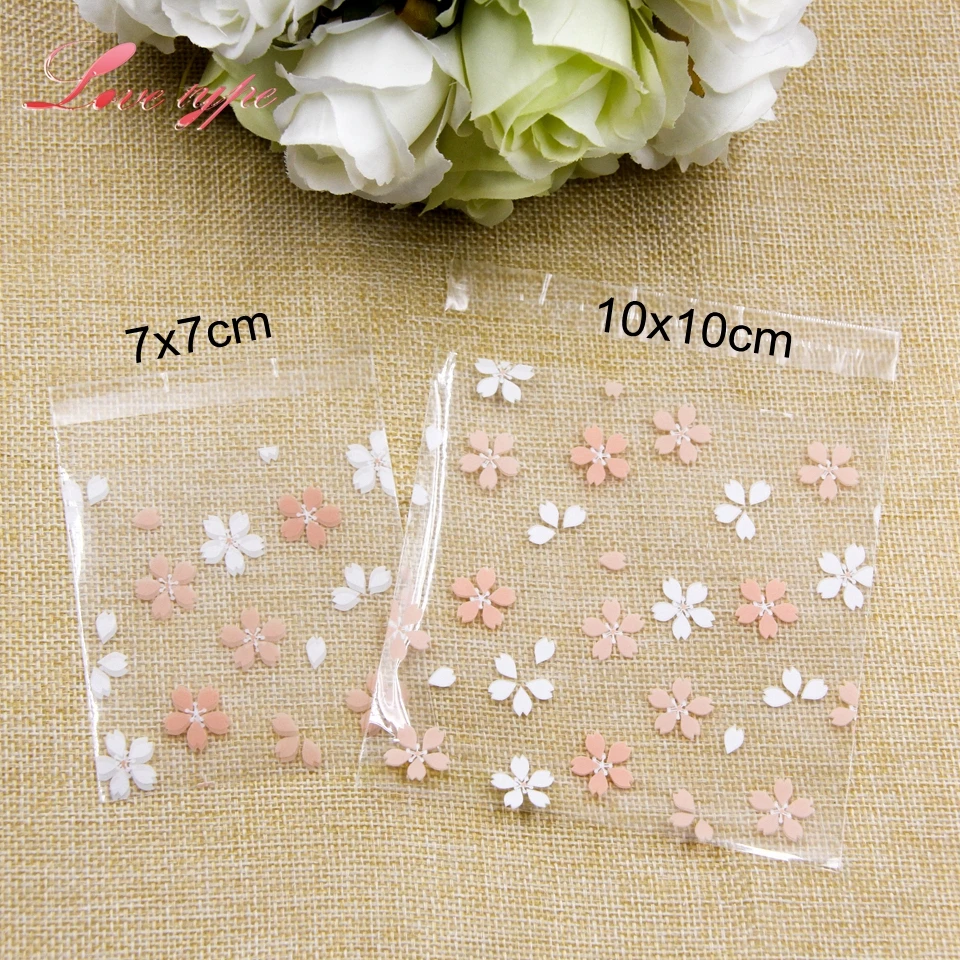 Plastic Bags 100PCS Cherry Blossoms Candy Cookie Self-Adhesive For DIY Biscuits Snack Baking Package Decor Kids Gift Supplies