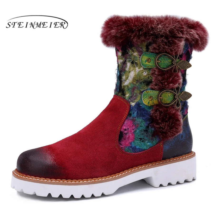

Women winter snow Boots Genuine cow Leather Ankle Comfortable quality soft Shoes Brand Designer Handmade red 2019 with fur