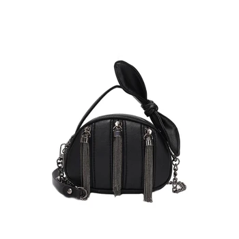 

Punk style women Metal tassel handbag black PU leather crossbody bags for ladies bow tote bags small chain diamond Shoulder Bag